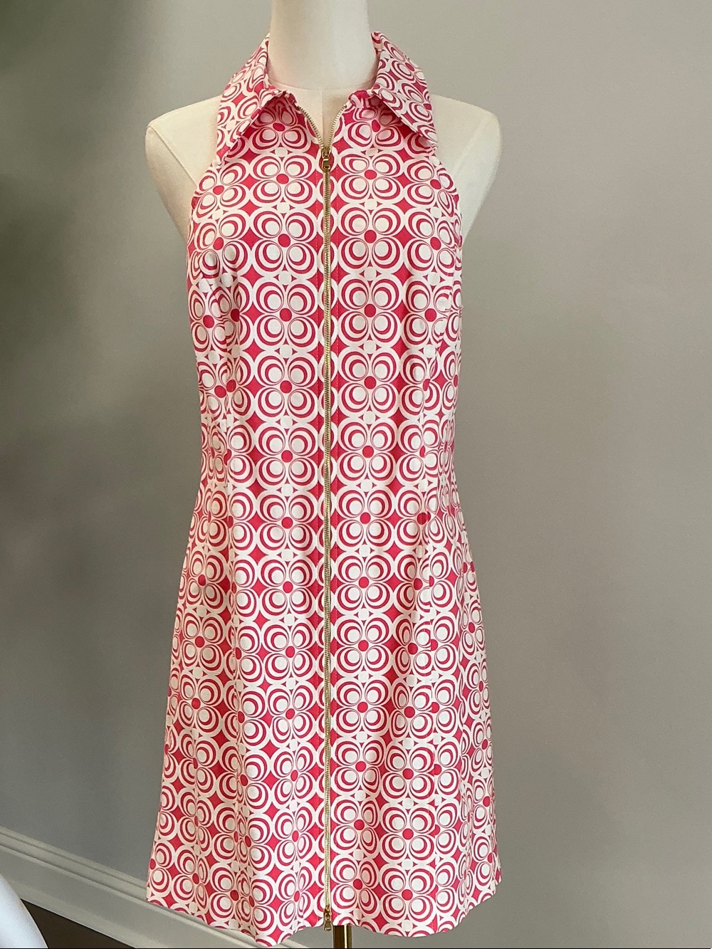 Trina Turk Pink and White Geo Halter Mini Dress